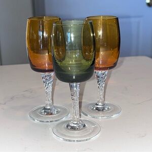 VTG Soviet-era Russian amber and green cordial or shot stemmed glasses set of 3